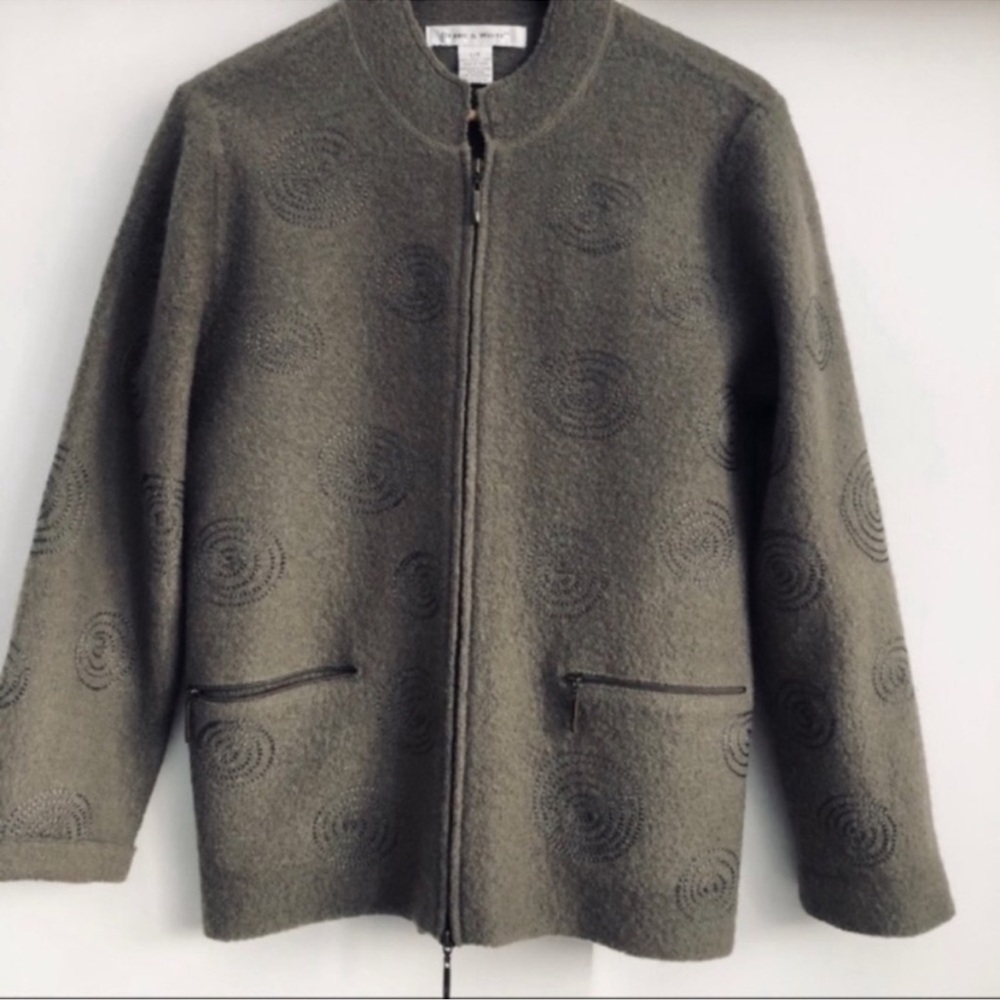 Olive Green Textured Zip-Up Vintage Pure Wool Embroidered Cardigan